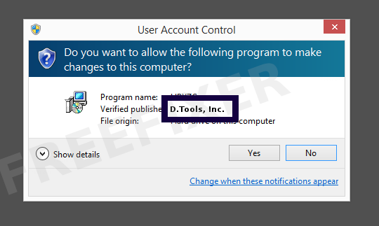 Screenshot where D.Tools, Inc. appears as the verified publisher in the UAC dialog